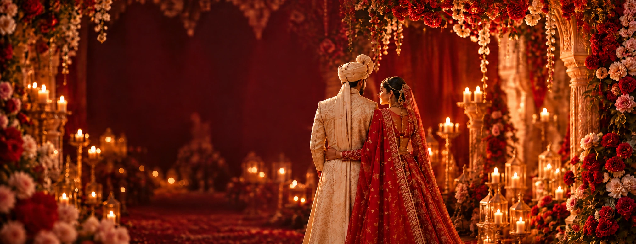 An Indian bride and groom in a maroon floral wedding pavilion