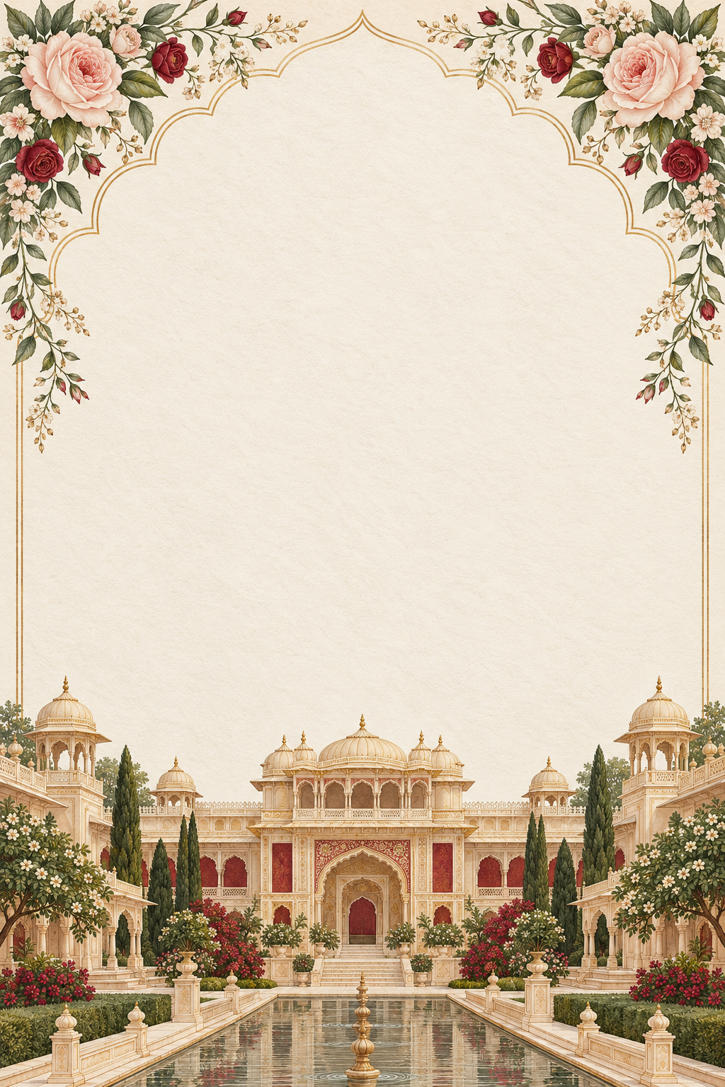 Floral invitation with a gold palace illustration